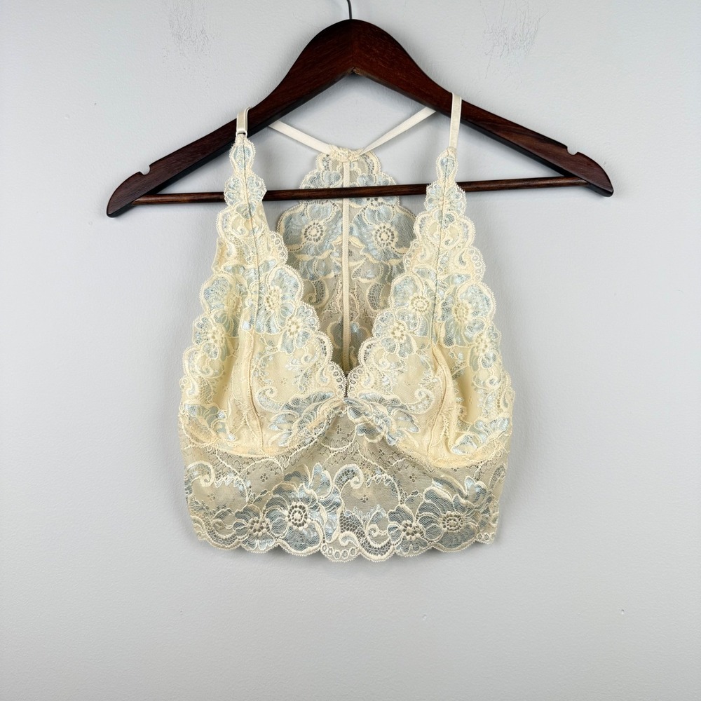 BKE Essentials Floral Lace Racerback Bralette Women Size M Blue Cream Coquette